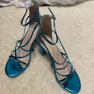 New Allegra K Open Toe Strappy Metallic turquoise chunky heels